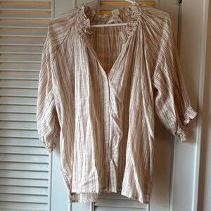 The Great Red Beige Striped Ruffle Blouse